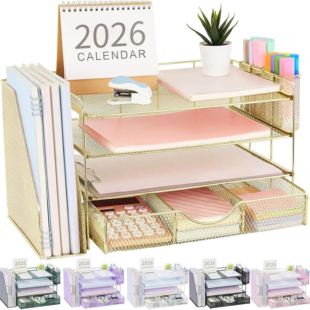 gianotter front view gold desk organizer showing tidy papers and space savings