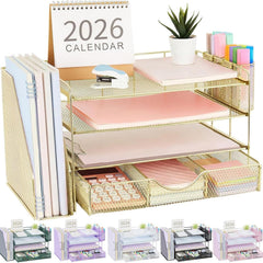 gianotter front view gold desk organizer showing tidy papers and space savings