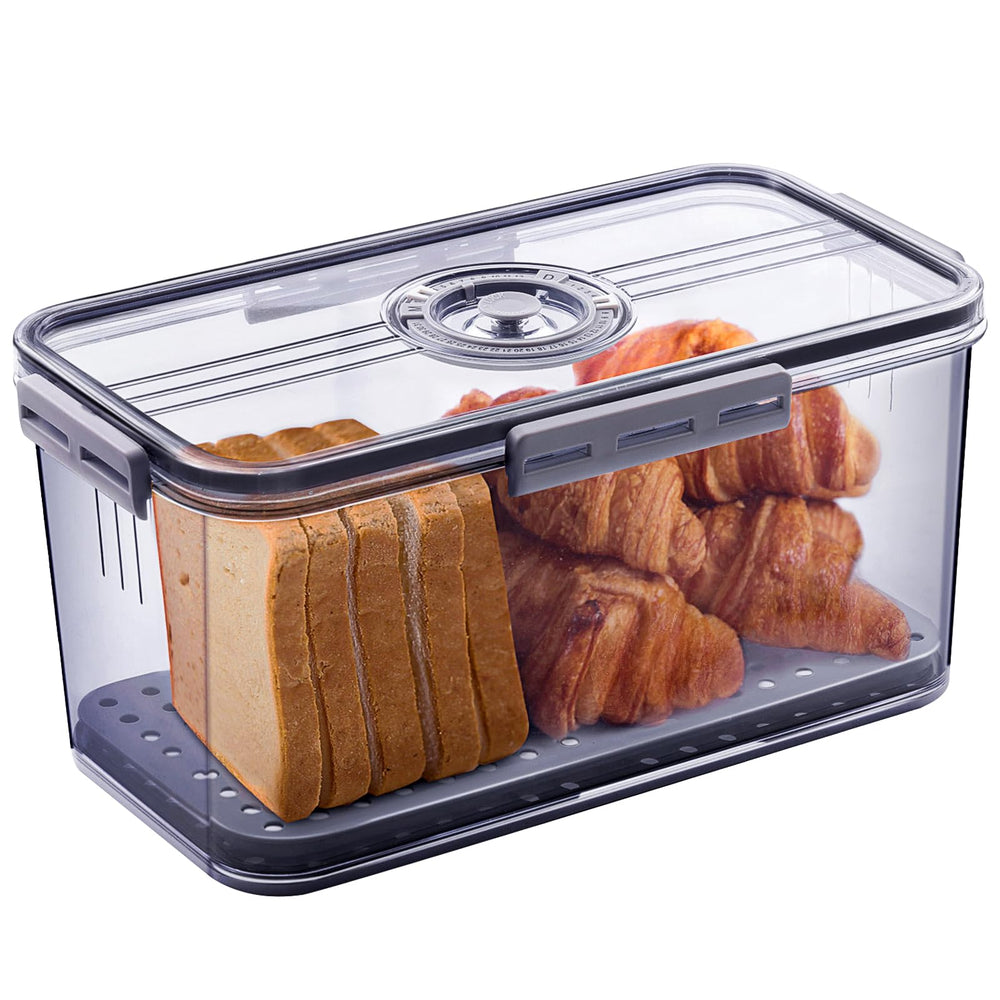 Gifhomfix bread box front view showing grey transparent body and closed lid for organized storage