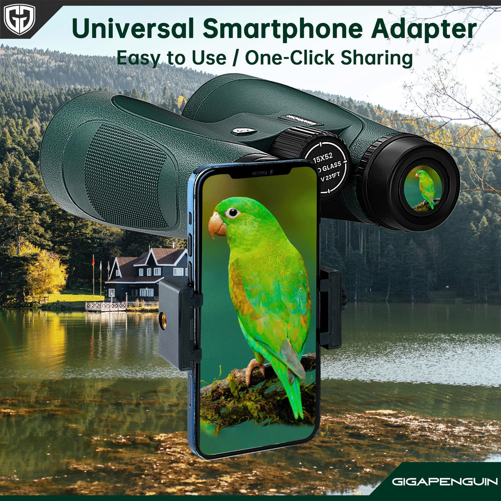 GIGAPENGUIN phone adapter mounted demonstrating secure digiscoping and steady photos