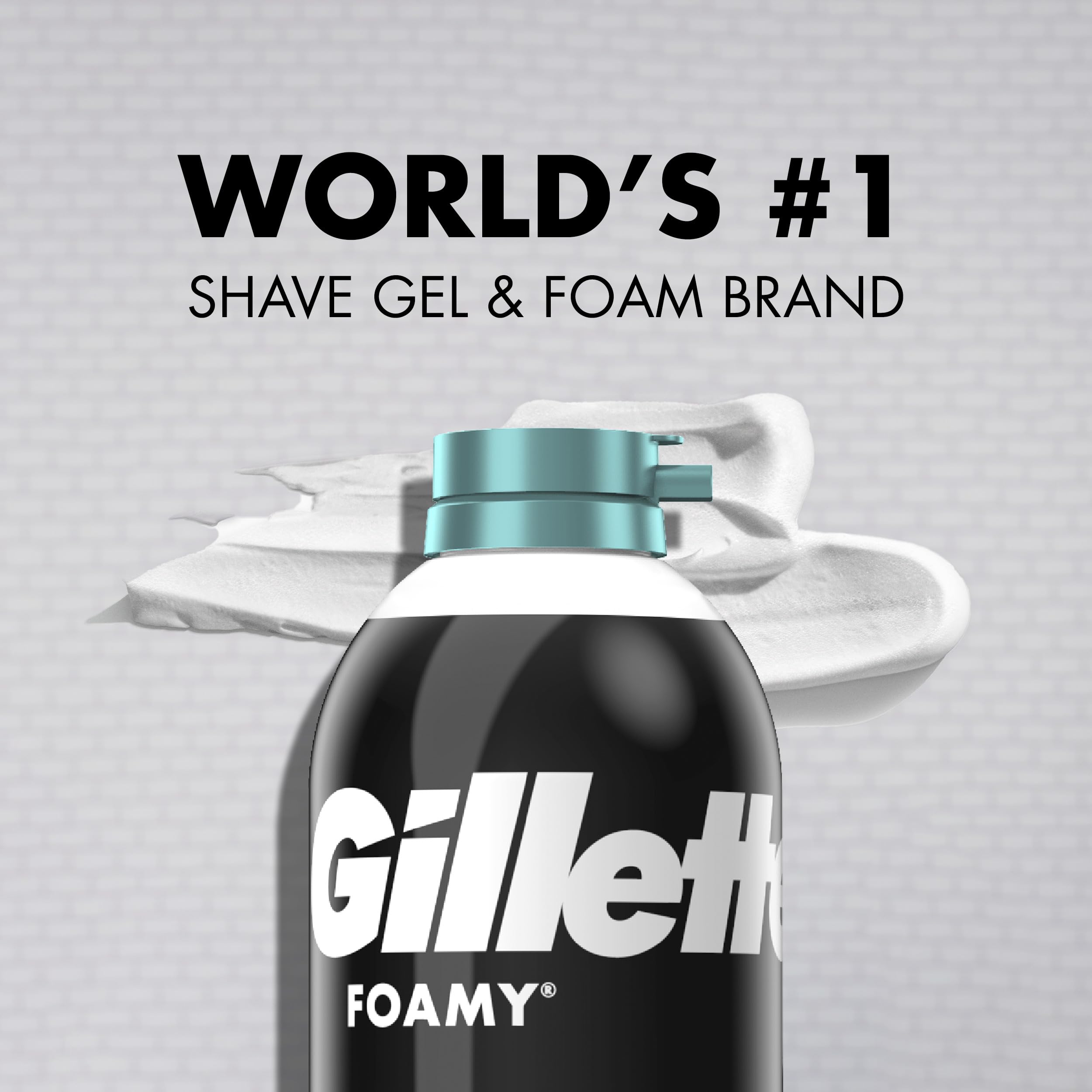 Gillette Foamy on bathroom shelf in routine setting, Gillette supports quick shaves