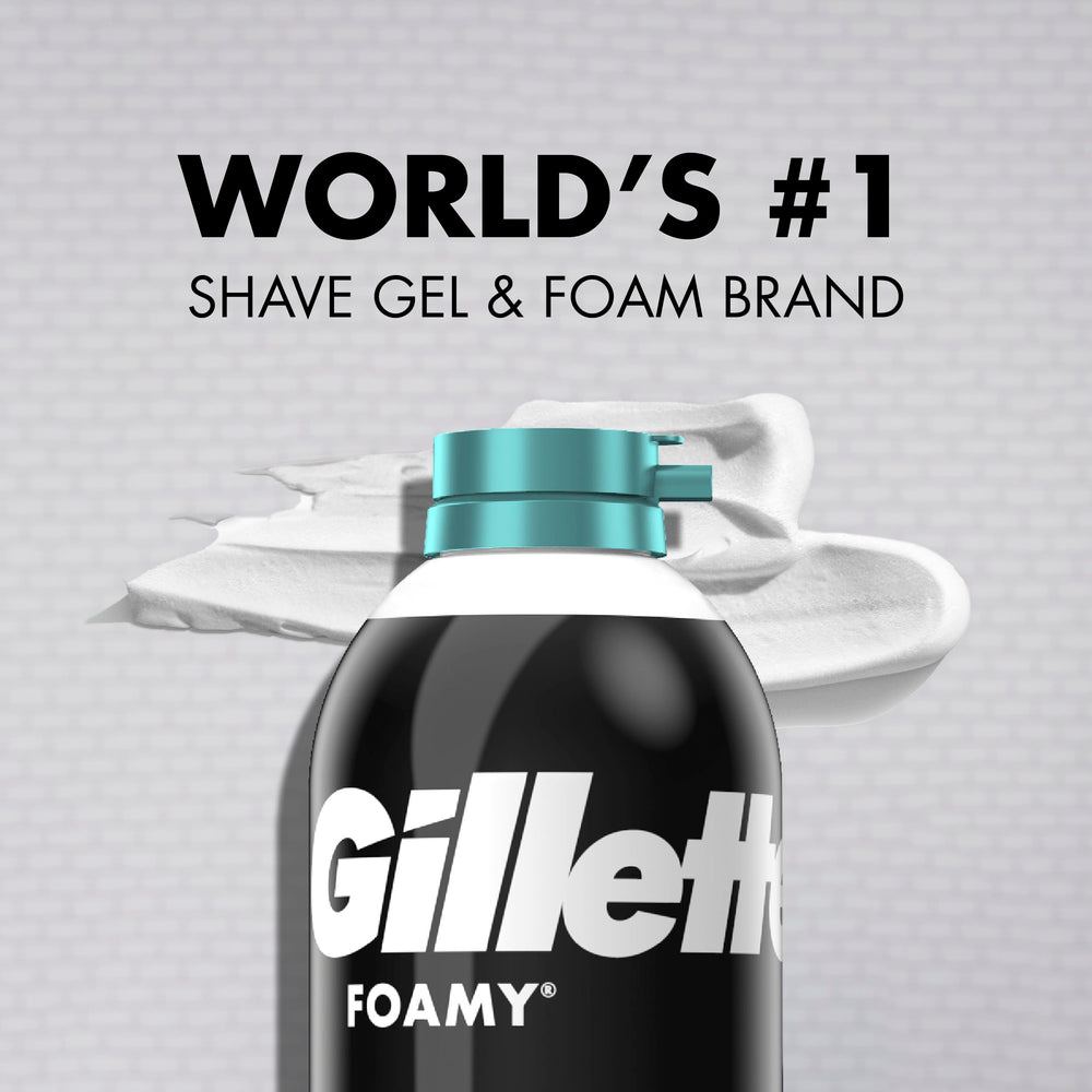 Gillette Foamy on bathroom shelf in routine setting, Gillette supports quick shaves