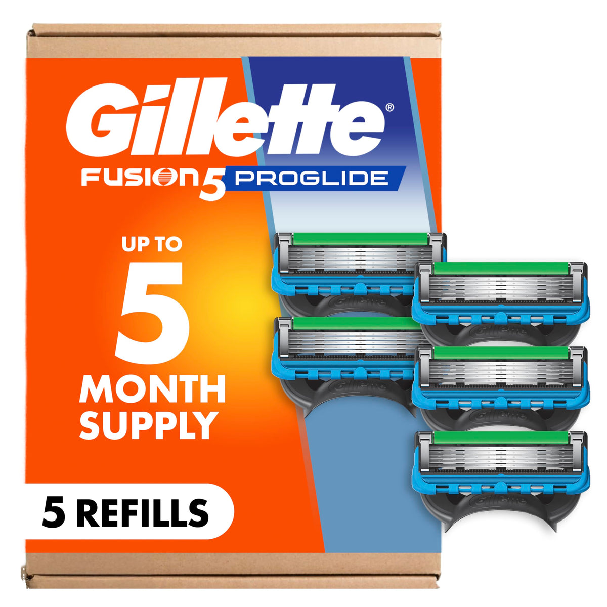 Gillette Fusion5 front packaging showing five refills and convenience