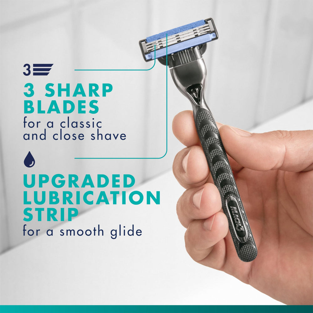 Gillette Mach3 blade close-up highlighting three sharp blades for a smooth close shave