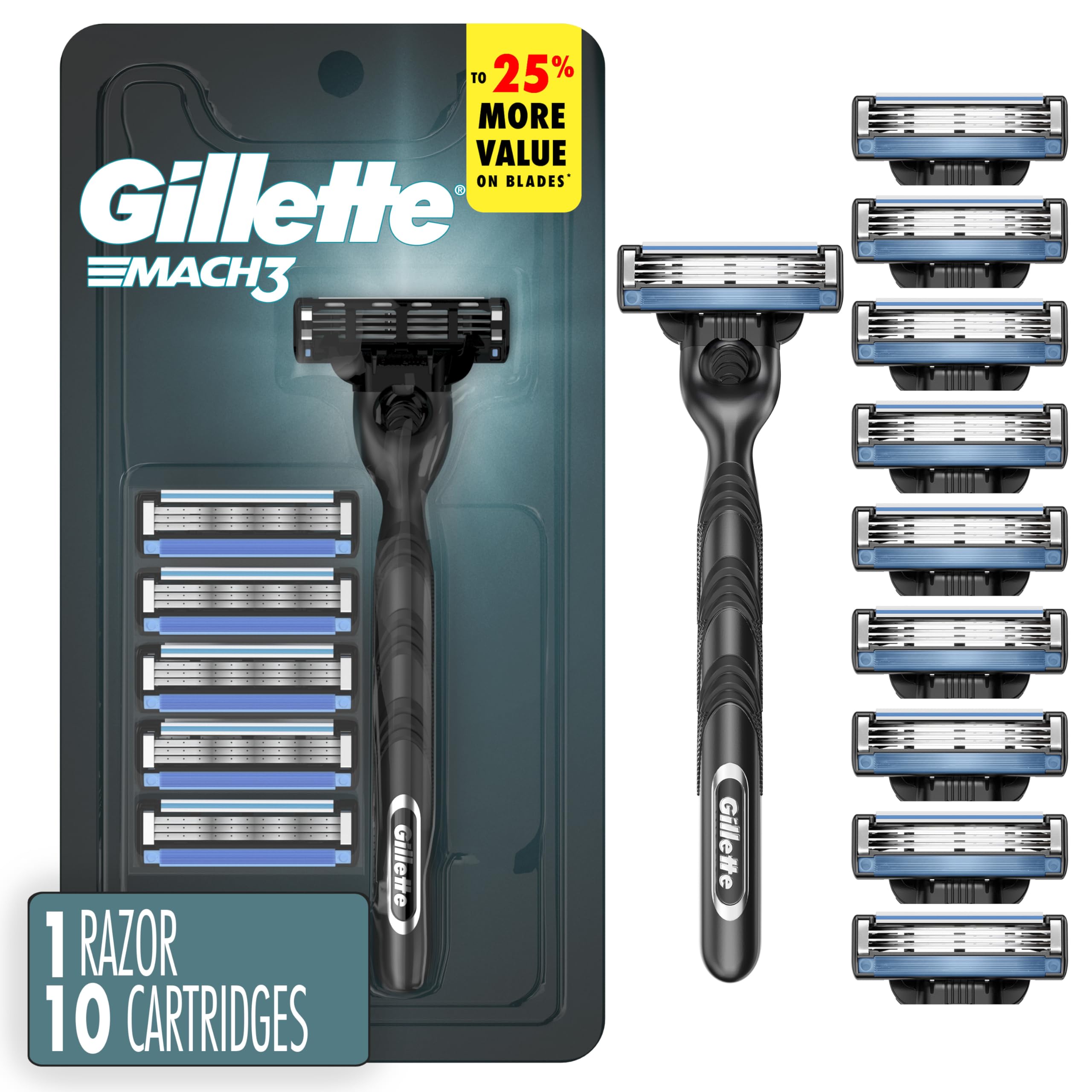Gillette Mach3 front packaging showing razor and ten refills for long-lasting supply