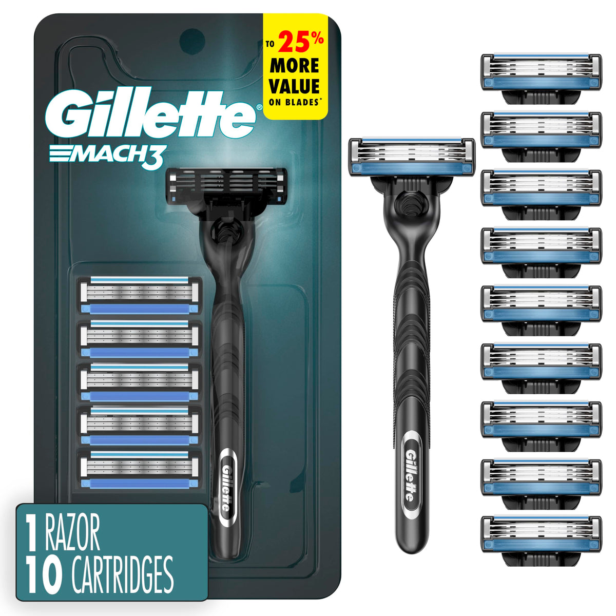 Gillette Mach3 front packaging showing razor and ten refills for long-lasting supply