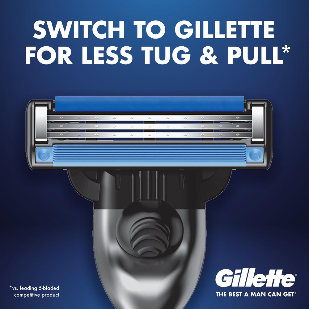 Gillette Mach3 handle beside stacked blade cartridges showing kit contents and convenience