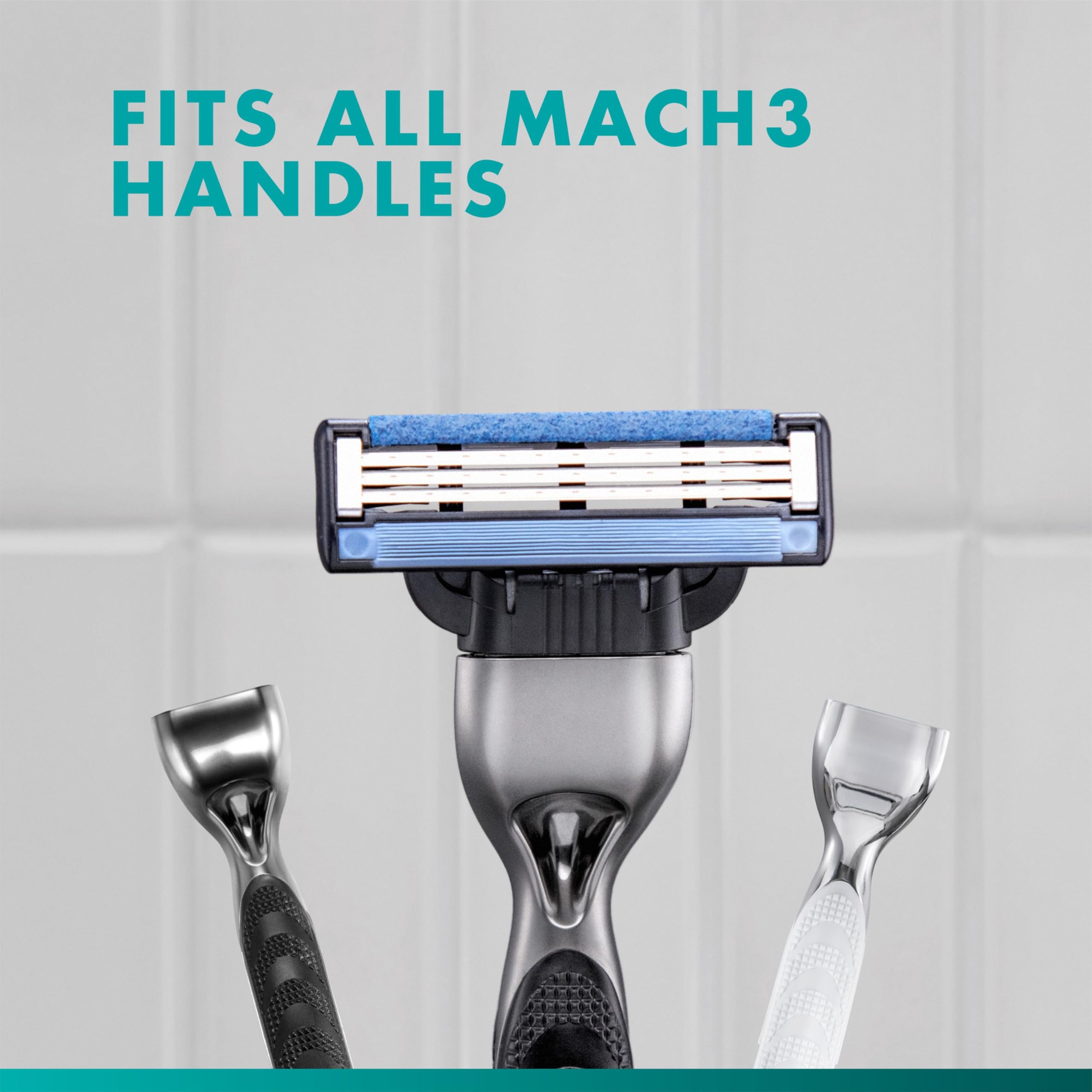 Gillette Mach3 in bathroom setting next to shaving gel showing daily grooming use