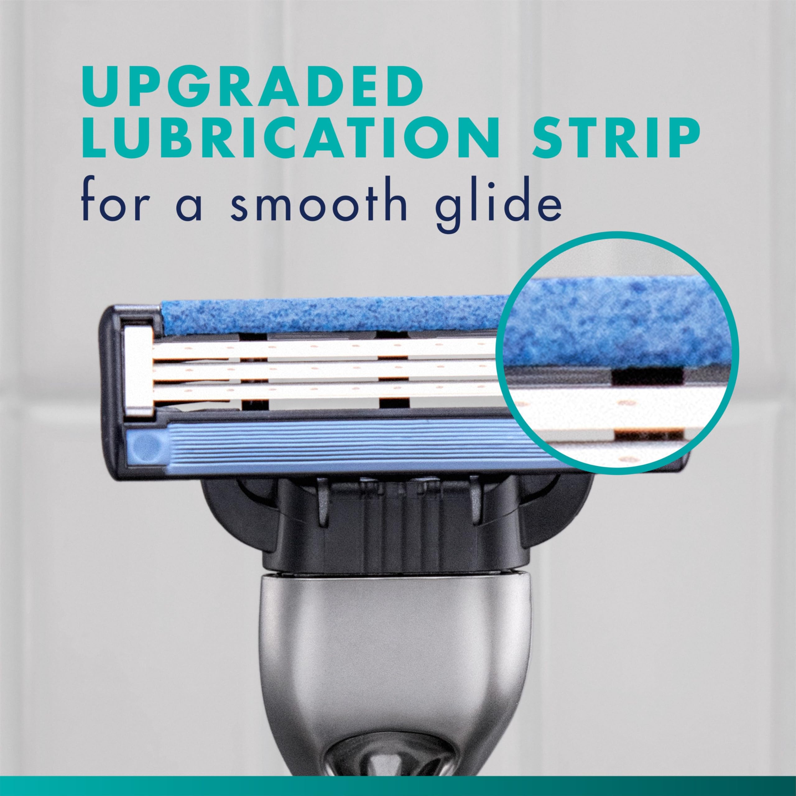 Gillette Mach3 lubrication strip detail showing gel strip for reduced friction and glide