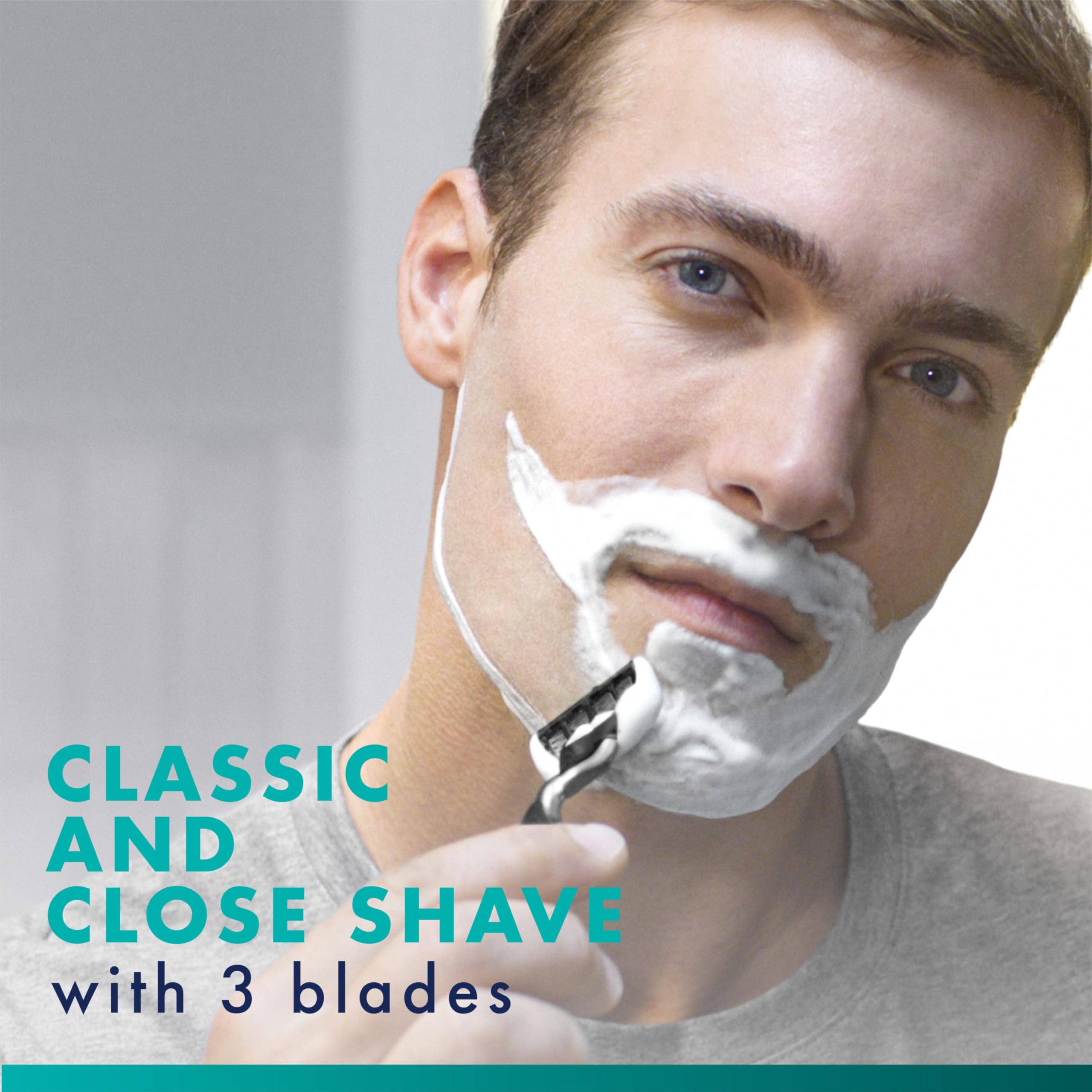 Gillette Mach3 open blade architecture rinsing under water for easy cleaning and performance