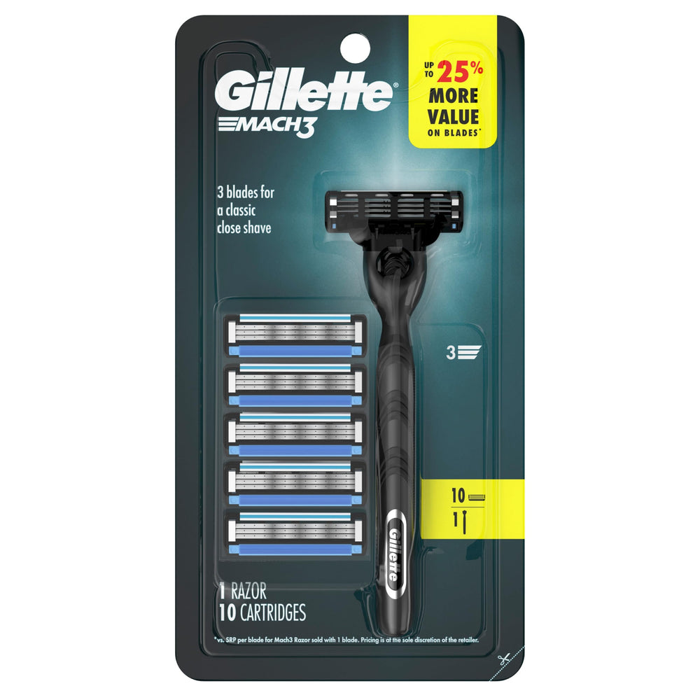 Gillette Mach3 refill blades array laid out to show ten-replacement supply and value