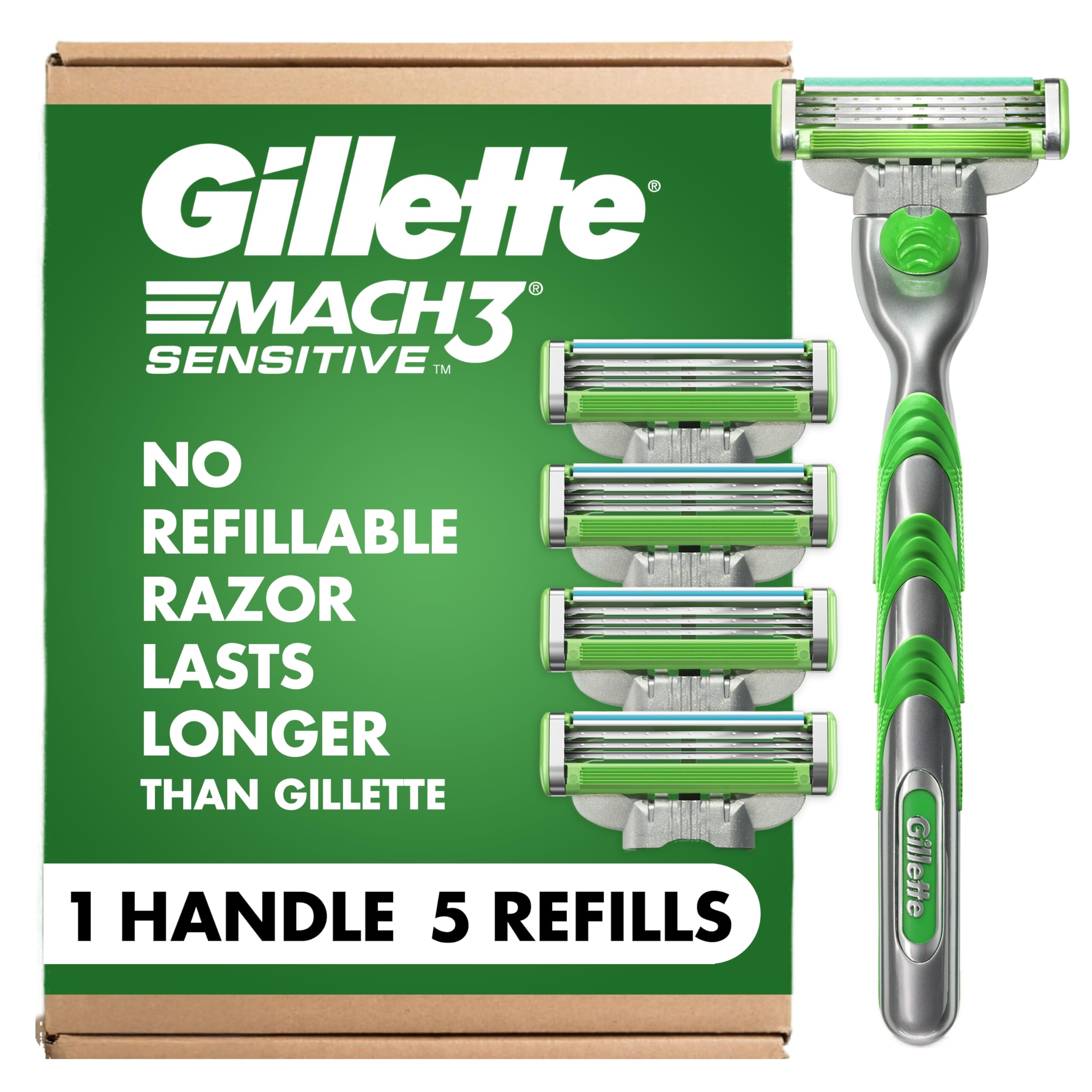 Gillette Mach3 Sensitive front packaging showing kit benefits and contents