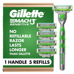 Gillette Mach3 Sensitive front packaging showing kit benefits and contents