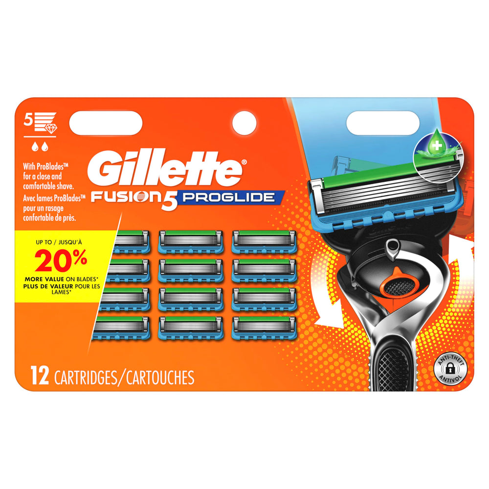 Gillette ProGlide front packaging showing 12 refill cartridges for value