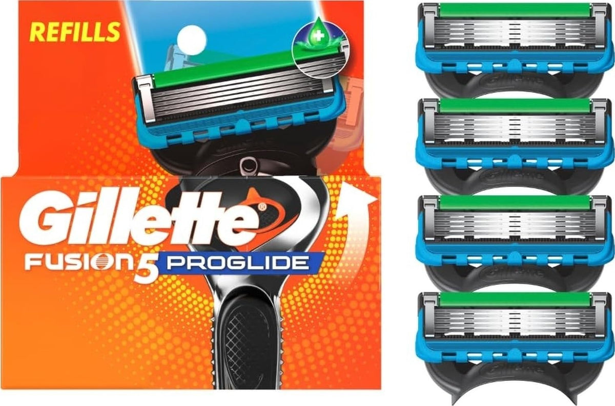 Gillette ProGlide front packaging showing four refill cartridges and benefits