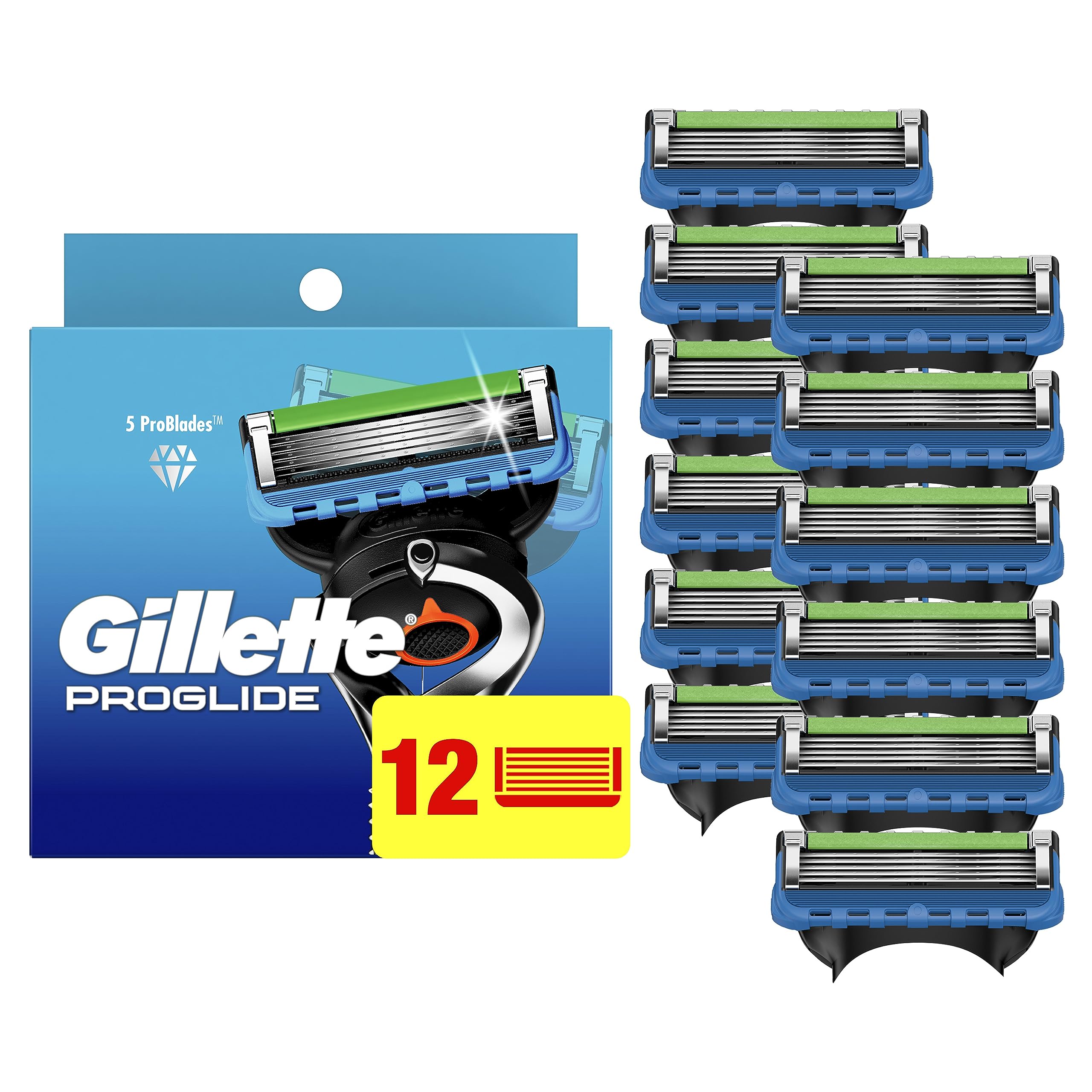 Gillette ProGlide front packaging showing the 12-count refills and clear branding for easy purchase