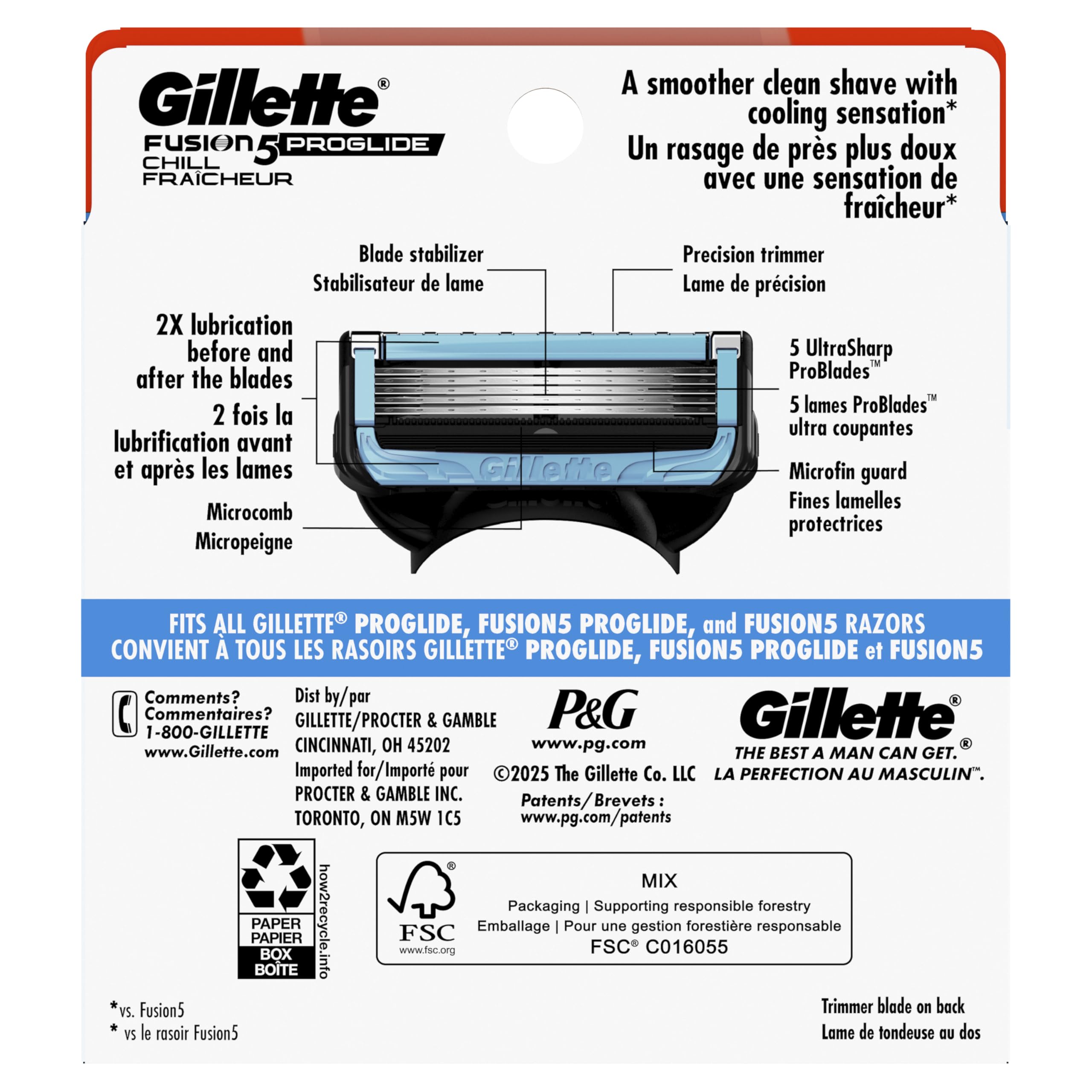 Back label of Gillette ProShield Chill pack displaying usage and refill information