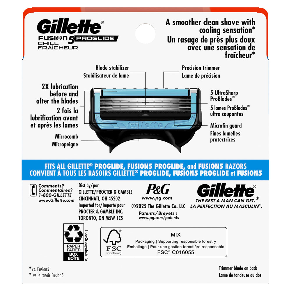 Back label of Gillette ProShield Chill pack displaying usage and refill information