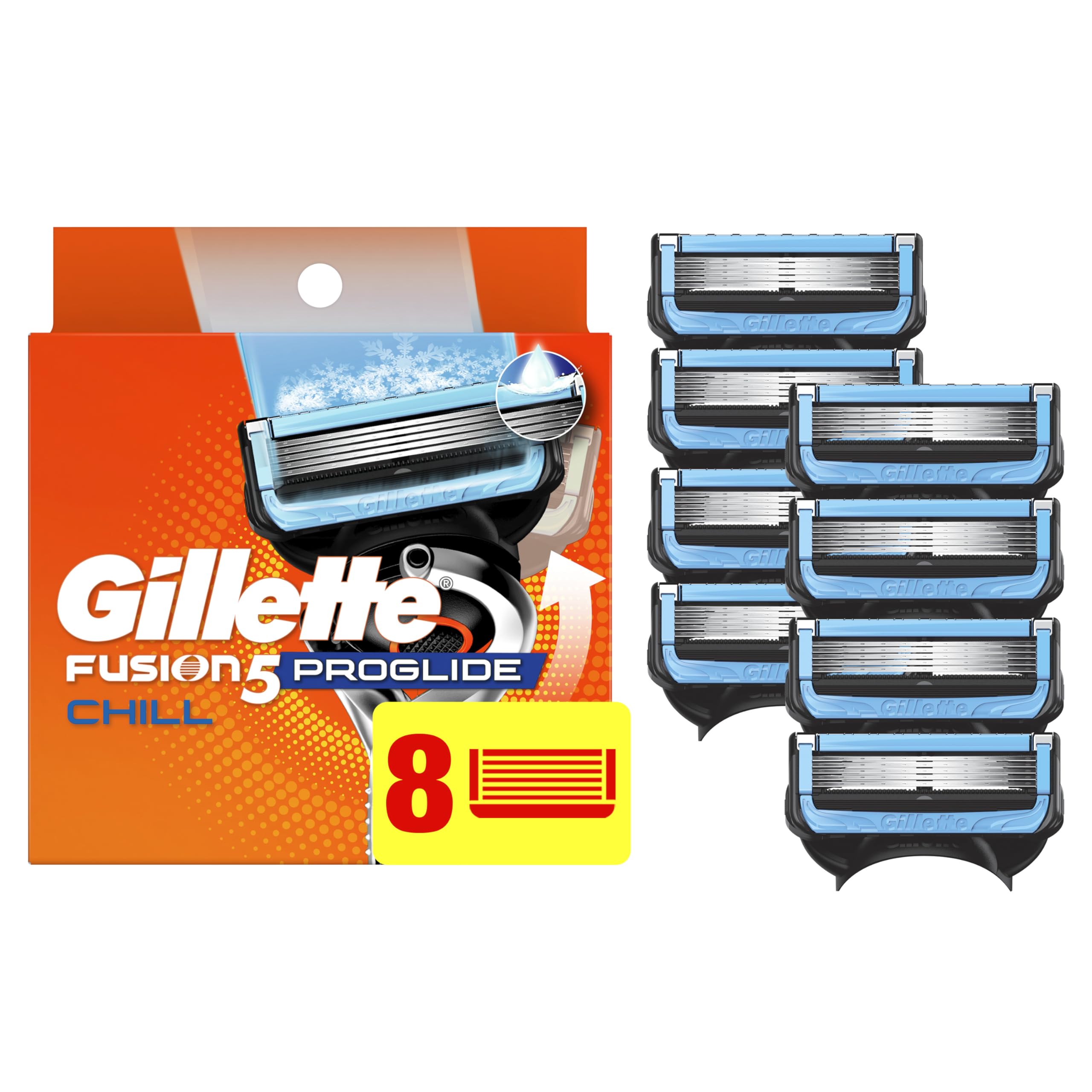 Gillette ProShield Chill front packaging showing eight refill cartridges and benefits