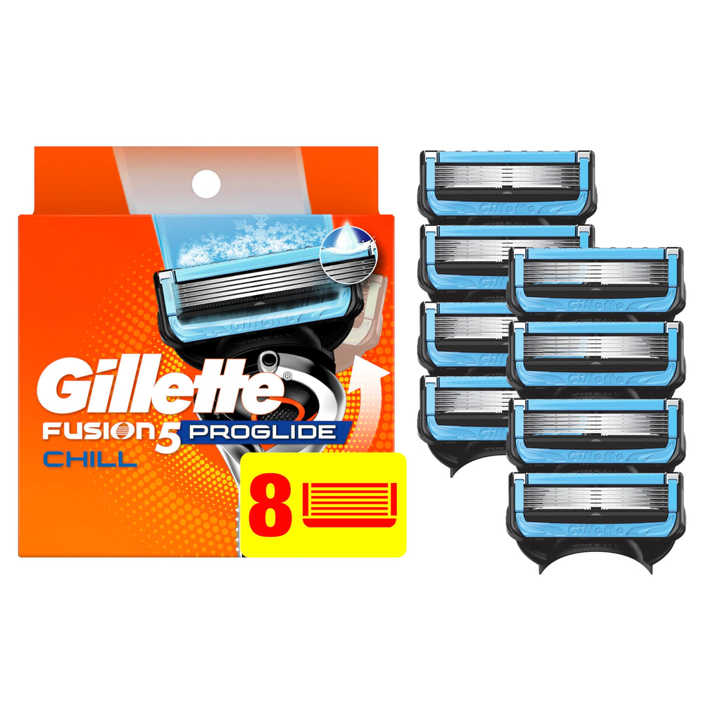 Gillette ProShield Chill front packaging showing eight refill cartridges and benefits