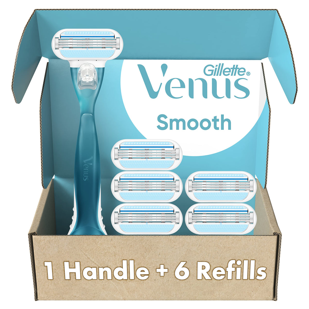 Gillette Venus front packaging showing handle and six refills, convenient starter kit