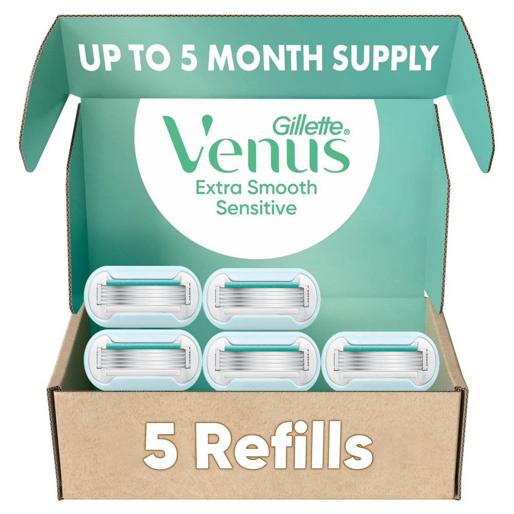 Gillette Venus front packaging showing five refill cartridges and clear branding for convenience