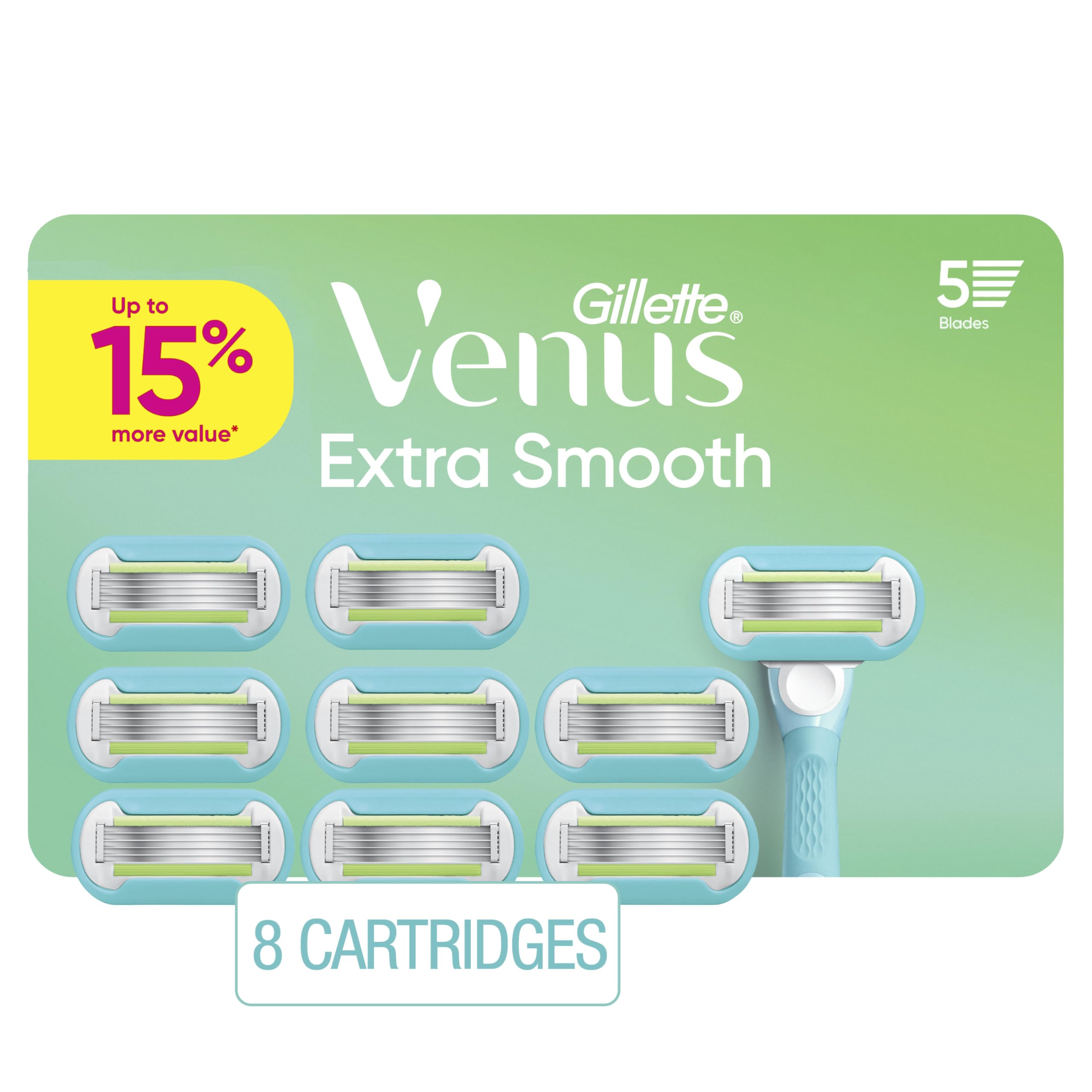 Gillette Venus front packaging showing eight refill cartridges and pack information for convenience