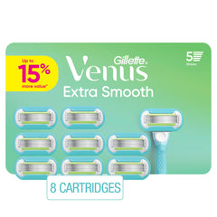 Gillette Venus front packaging showing eight refill cartridges and pack information for convenience