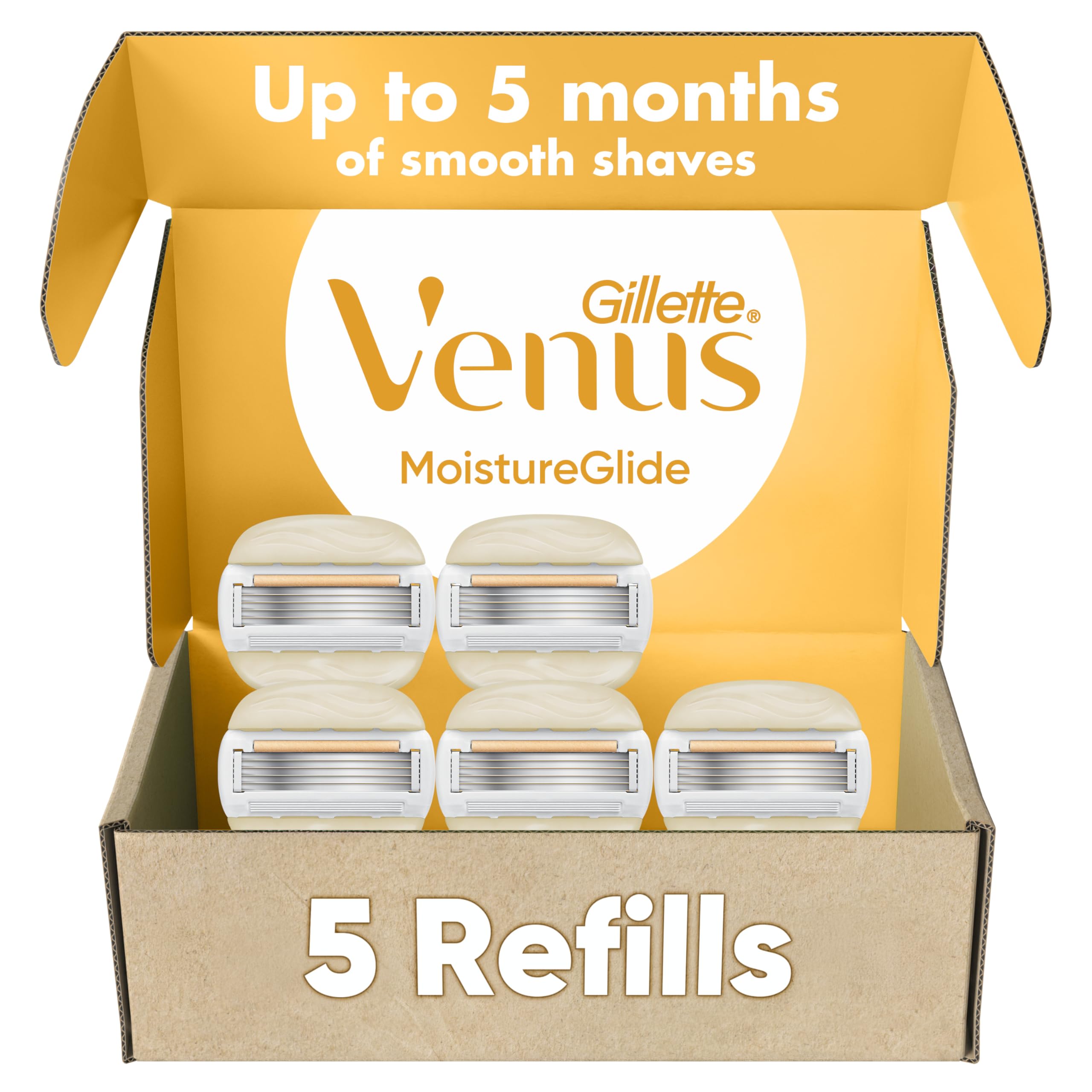 Gillette Venus front packaging showing five refill cartridges and benefit of hydration