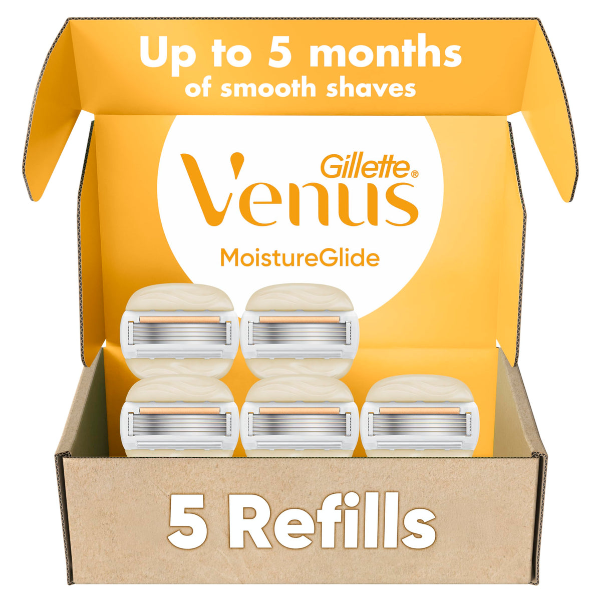 Gillette Venus front packaging showing five refill cartridges and benefit of hydration