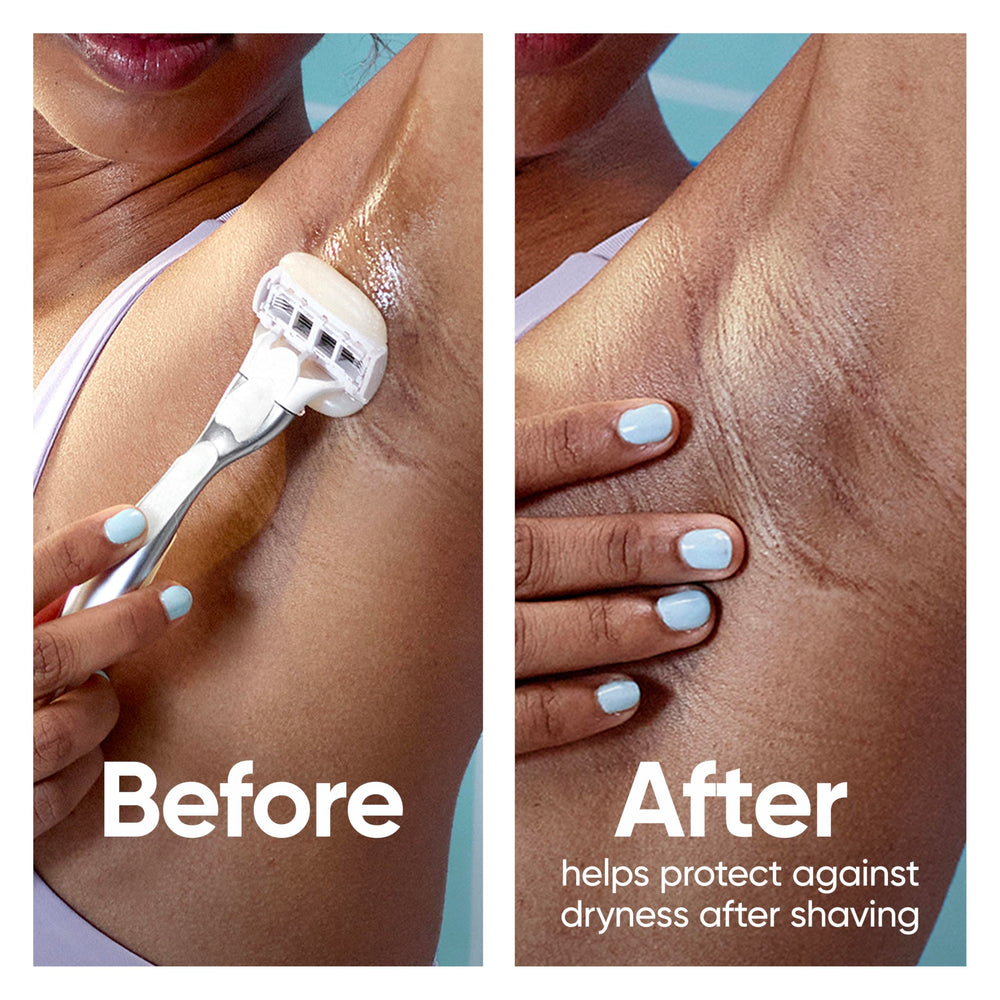 Gillette Venus razor refills on shower shelf suggesting convenient in-shower use