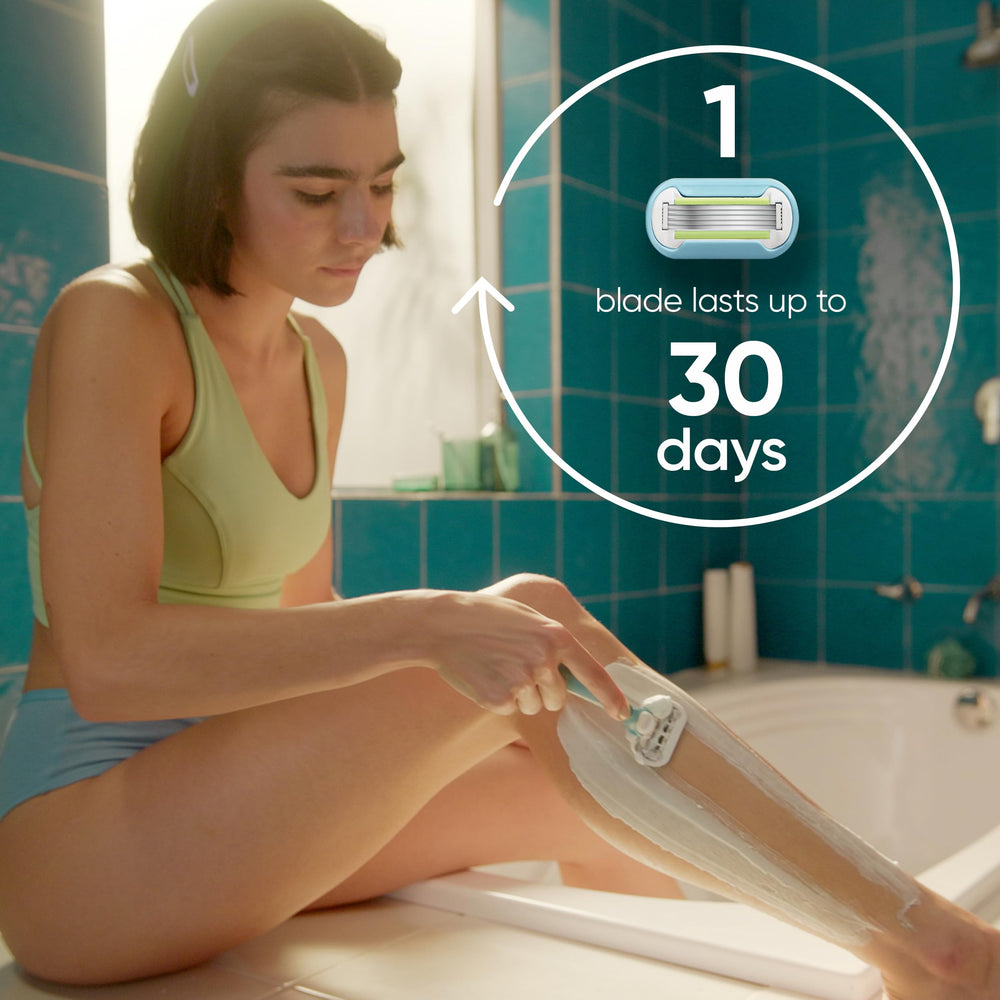 Gillette Venus scale comparison with leg to show cartridge size and coverage benefit