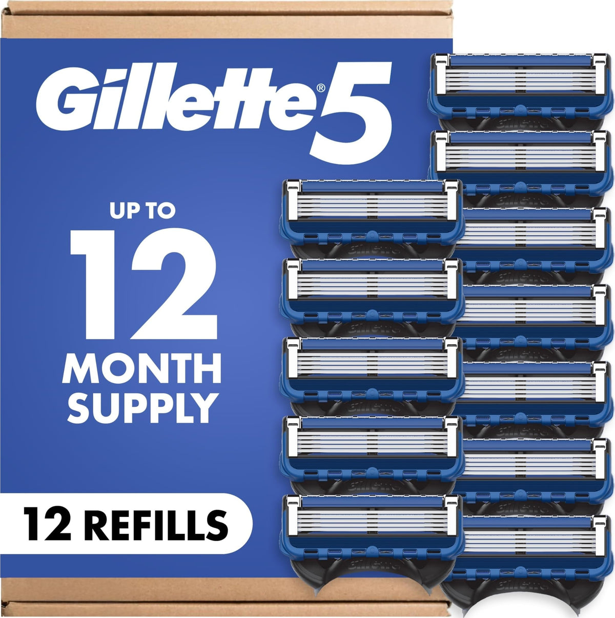 Gillette brand front packaging showing the 12-count refill convenience