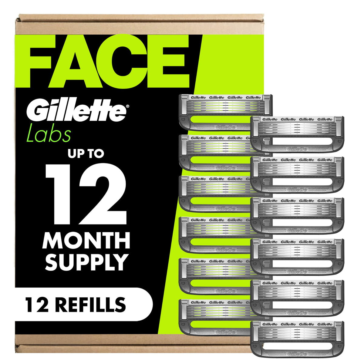 Gillette Labs front packaging showing 12-count replacement blades and value