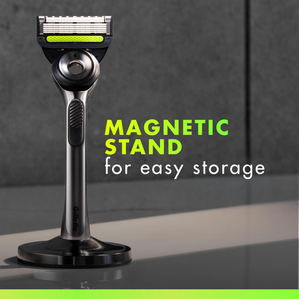 gillette image of magnetic stand holding razor dry and ready