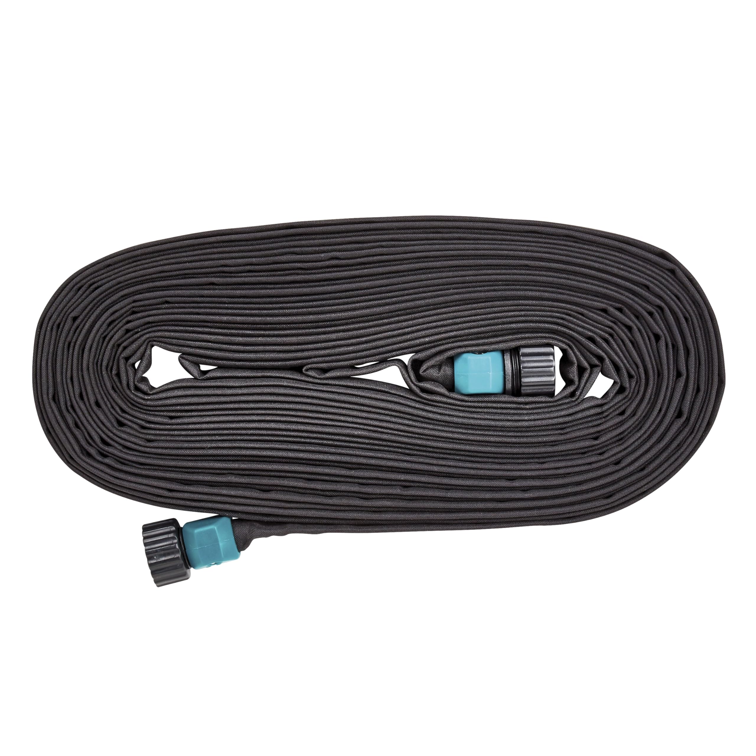 GILMOUR flat hose laid in garden bed showing space-saving profile and easy placement