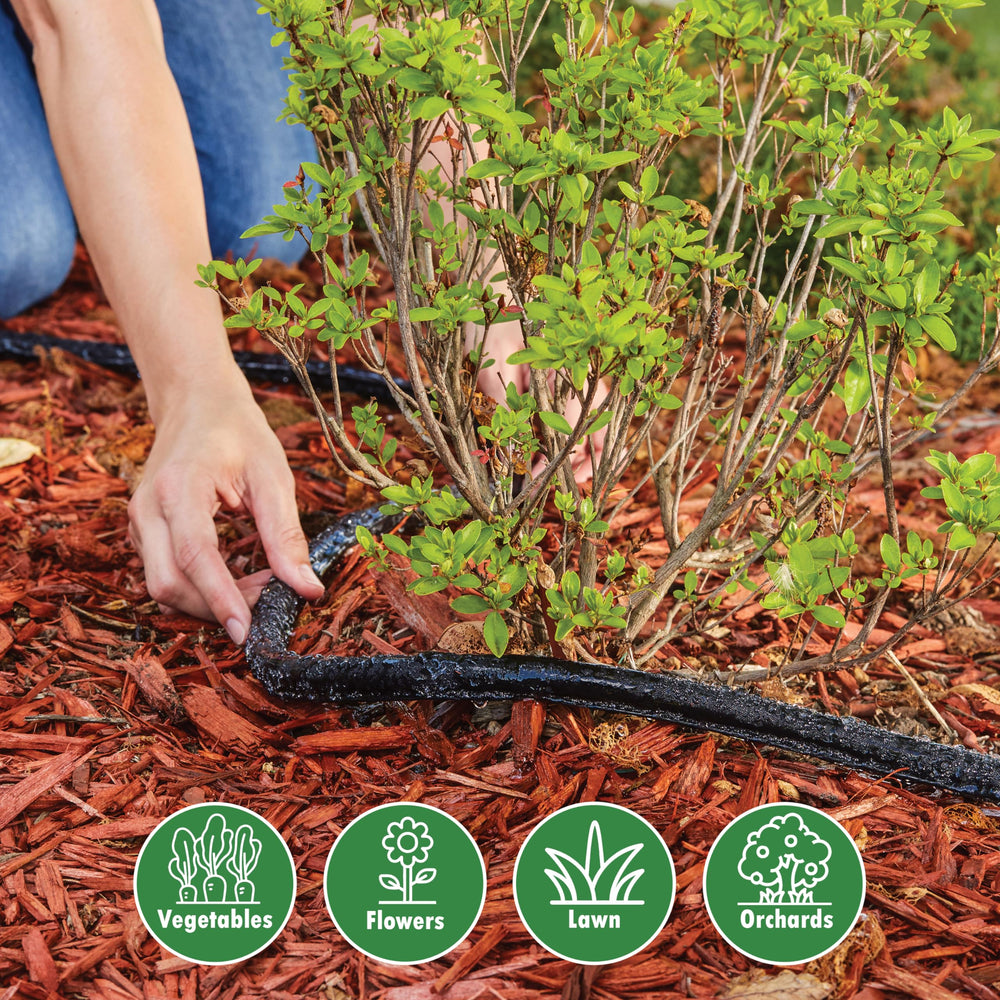 GILMOUR rolled-up soaker hose stored compactly demonstrating easy offseason storage