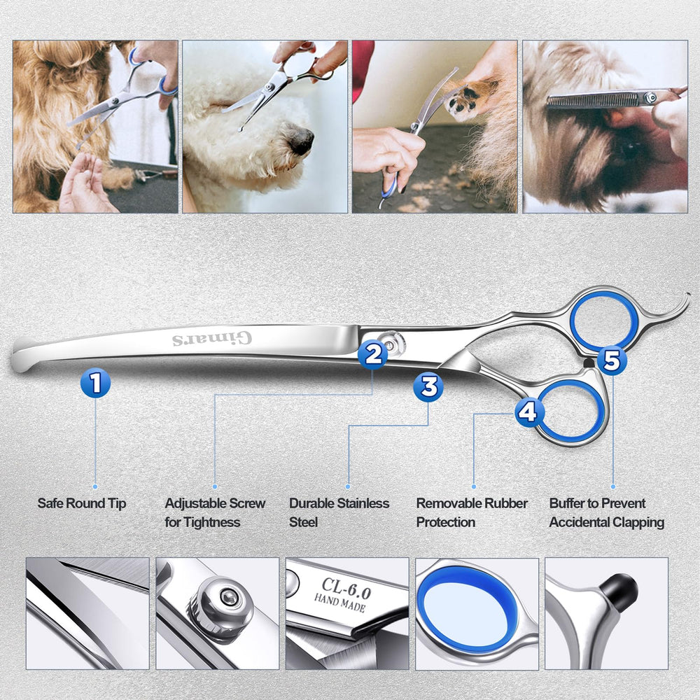 Gimars curved scissors cutting along a pet’s contour for smoother shaping
