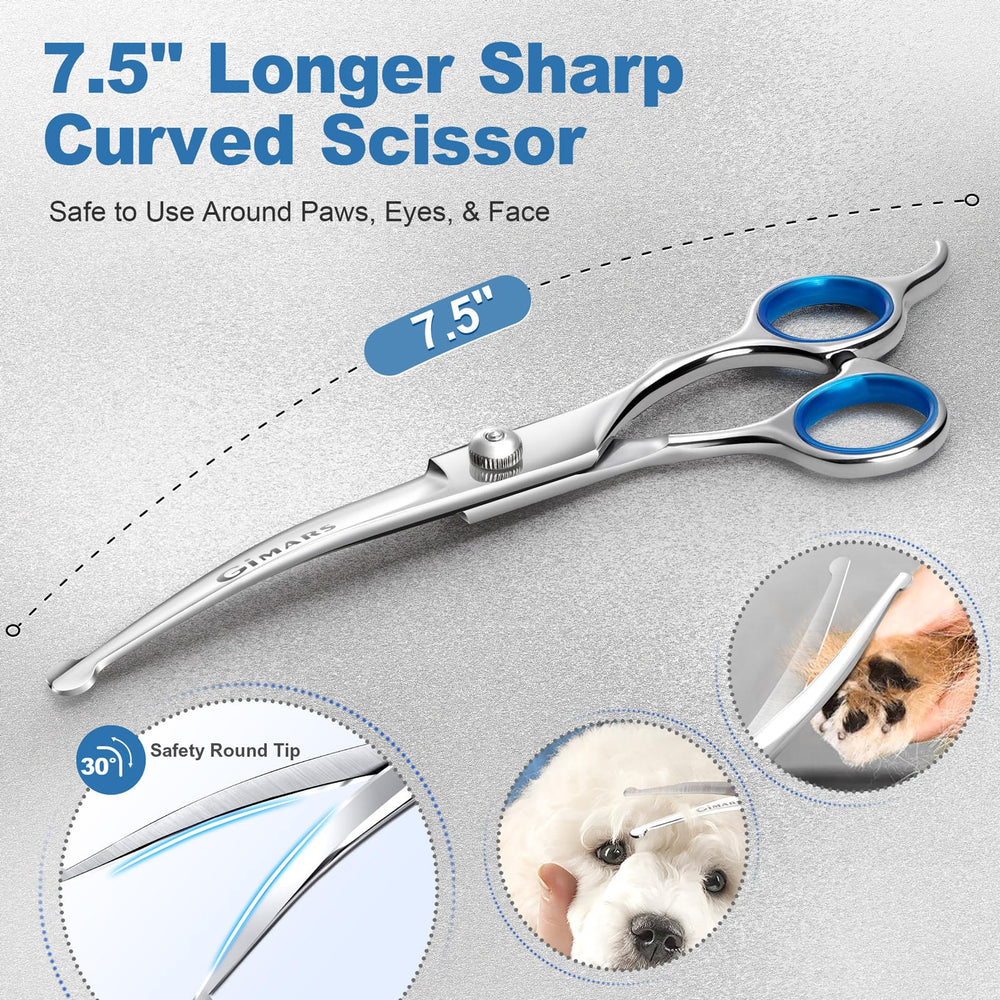 Gimars straight scissors close-up of convex edge for cleaner cuts and less pull