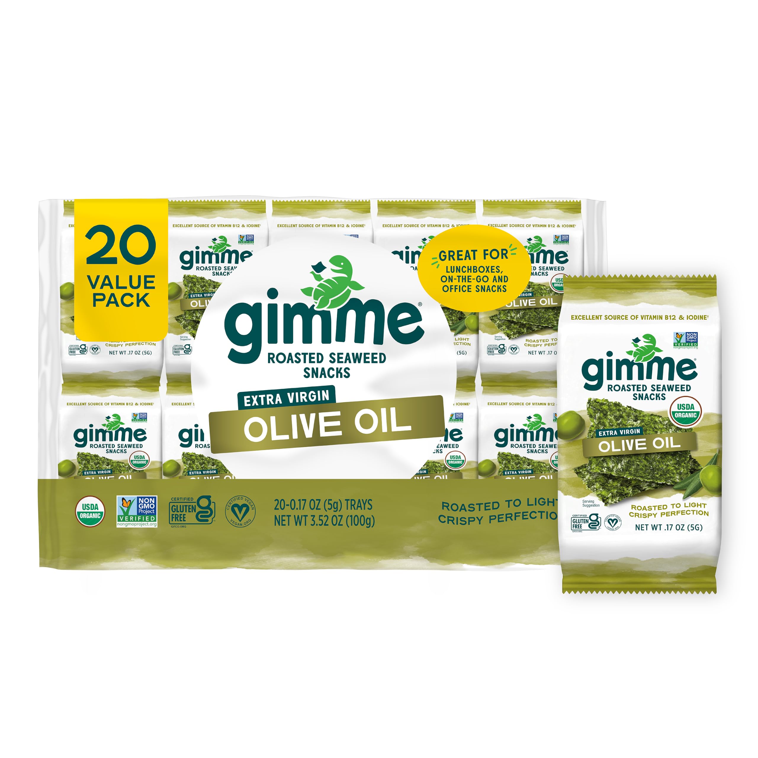 gimMe front packaging showing 20-count extra virgin olive oil packs and benefits