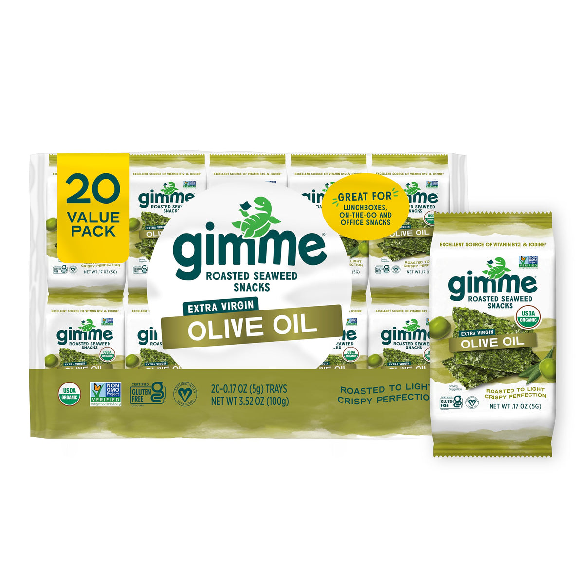 gimMe front packaging showing 20-count extra virgin olive oil packs and benefits