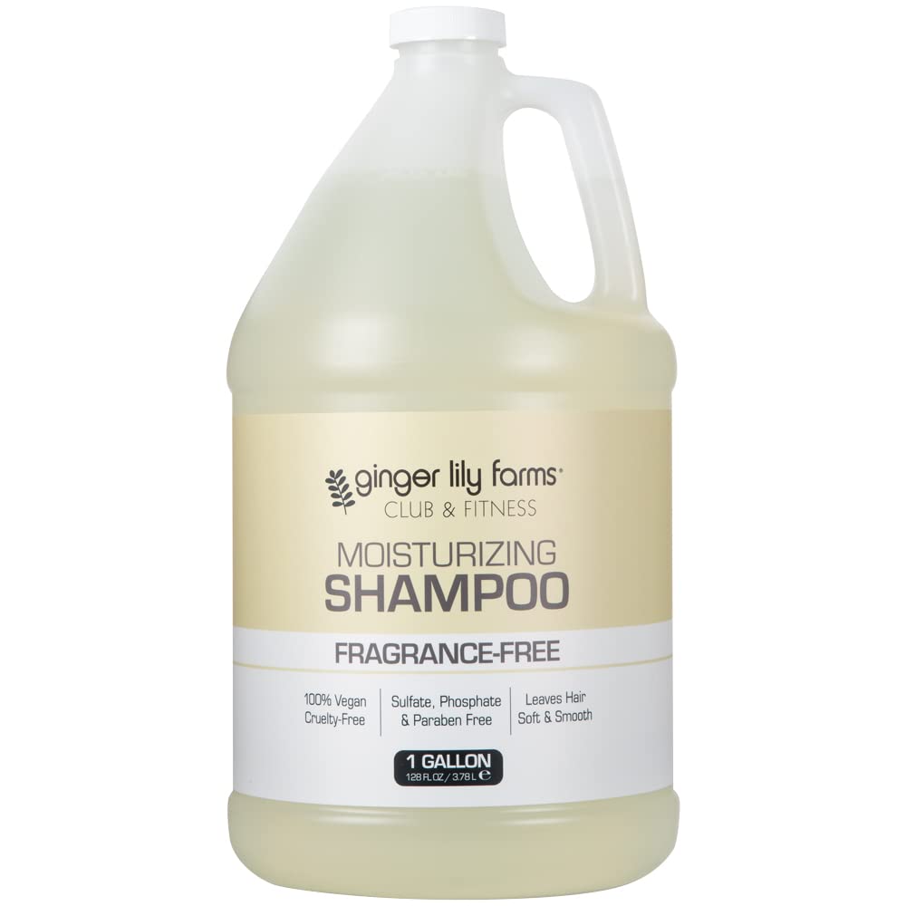 Ginger Lily Farms front view of 128oz shampoo showing clear labeling and refill benefit