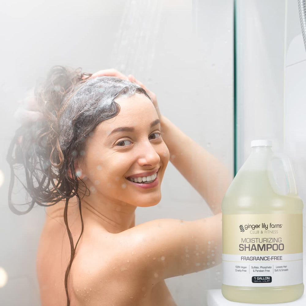 Ginger Lily Farms shampoo being poured to refill home dispenser showing eco-friendly savings