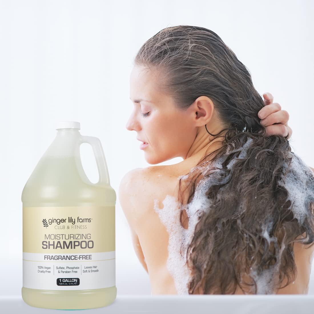 Ginger Lily Farms shampoo in gym locker room dispenser promoting shared-use suitability