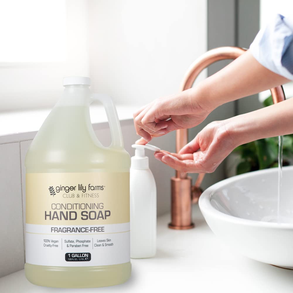 Ginger Lily Farms jug in a commercial bathroom reducing waste and refills