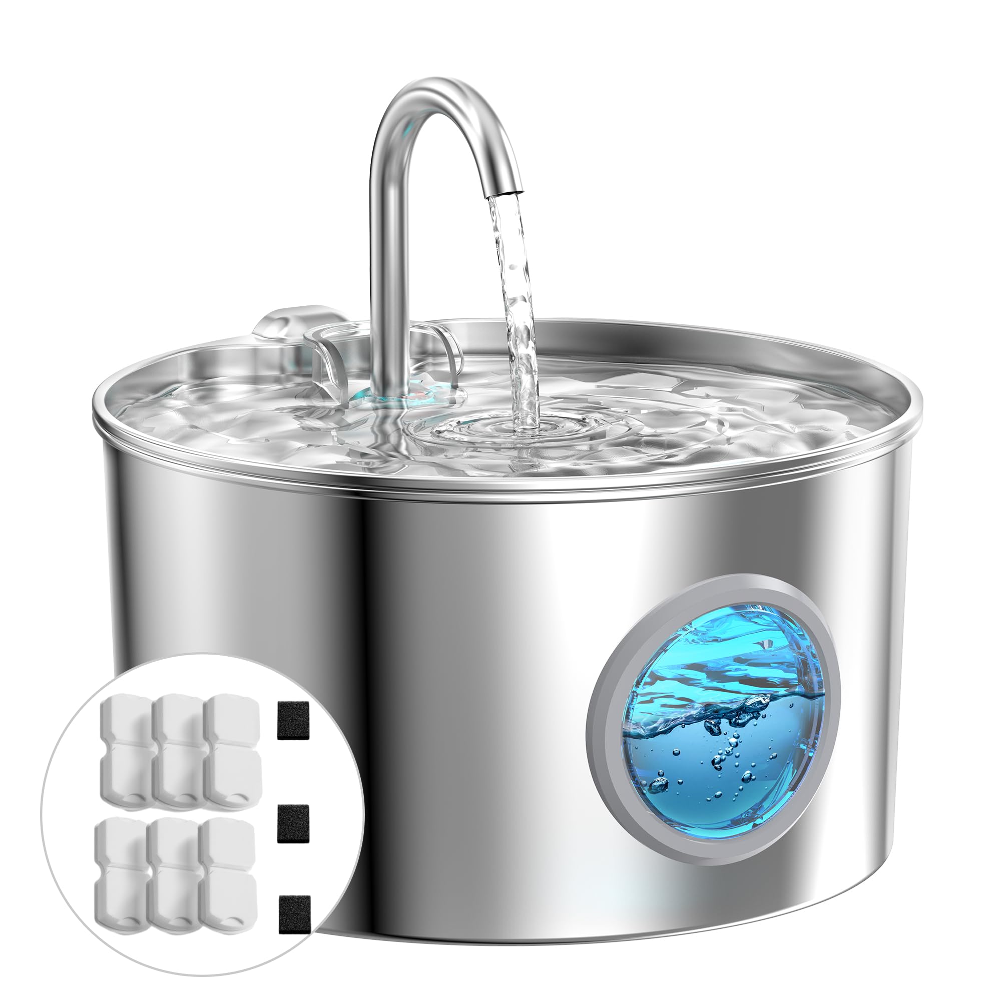 GIOTOHUN stainless steel fountain front view shows durable basin and easy cleaning benefit