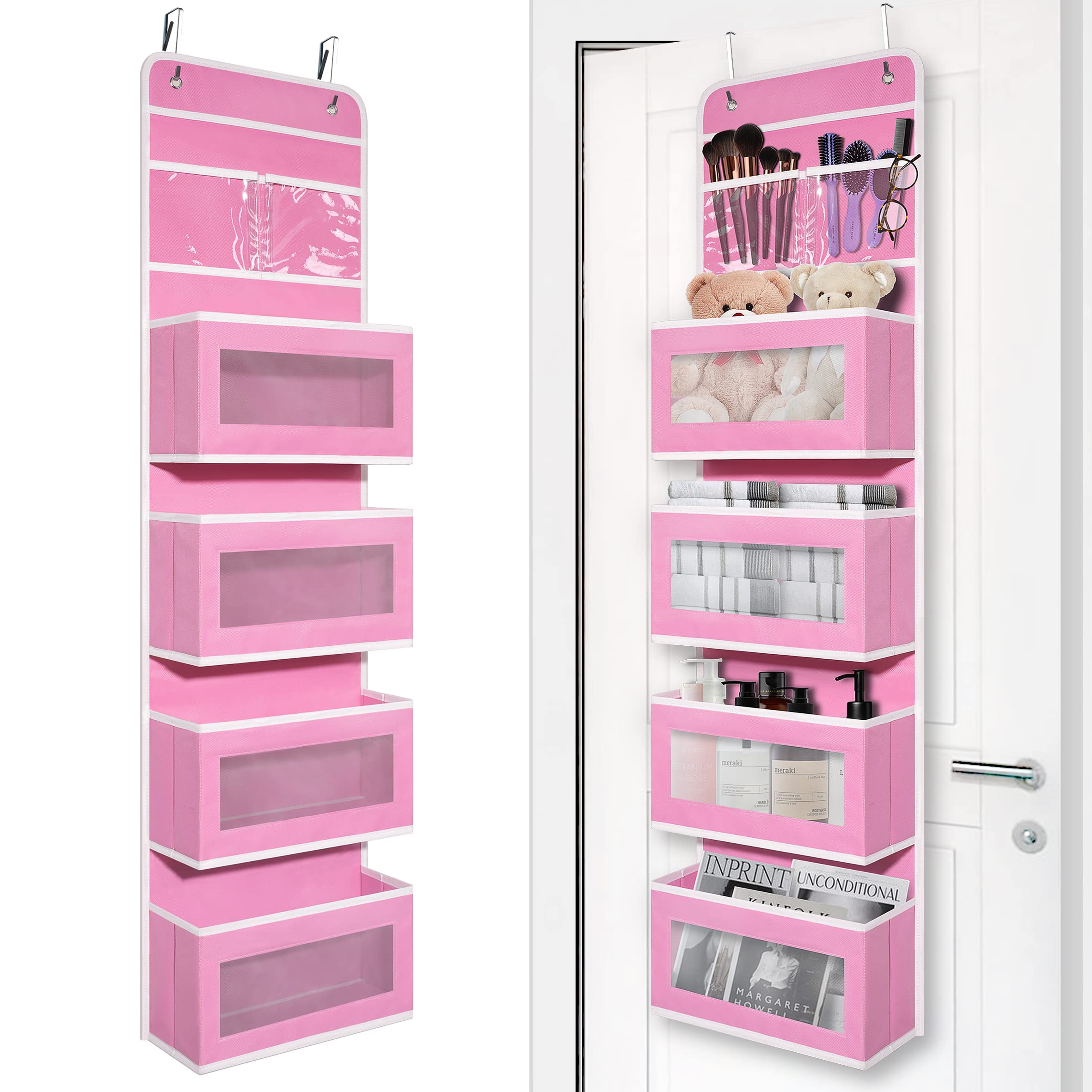 Giraffe Creation front view of pink over-door organizer showing four clear pockets, keeps nursery items visible