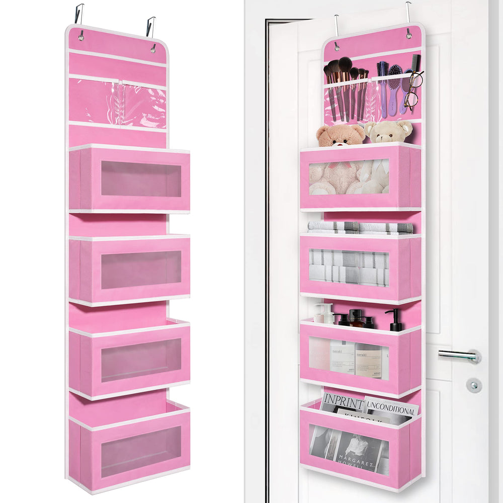 Giraffe Creation front view of pink over-door organizer showing four clear pockets, keeps nursery items visible