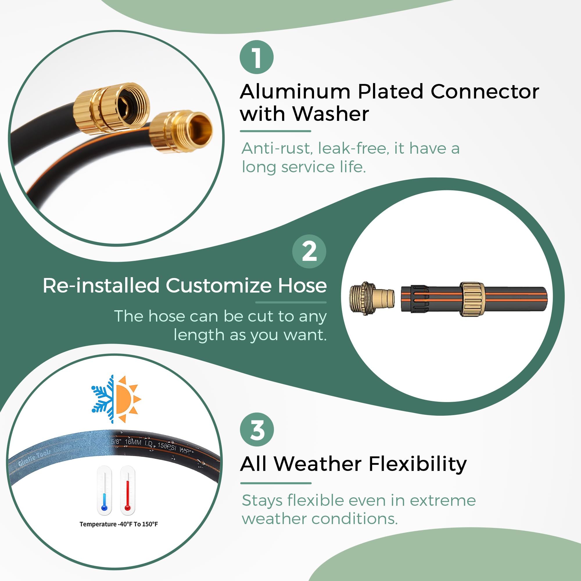 Giraffe Tools hose with metal fittings attached demonstrating easy connection and leak resistance