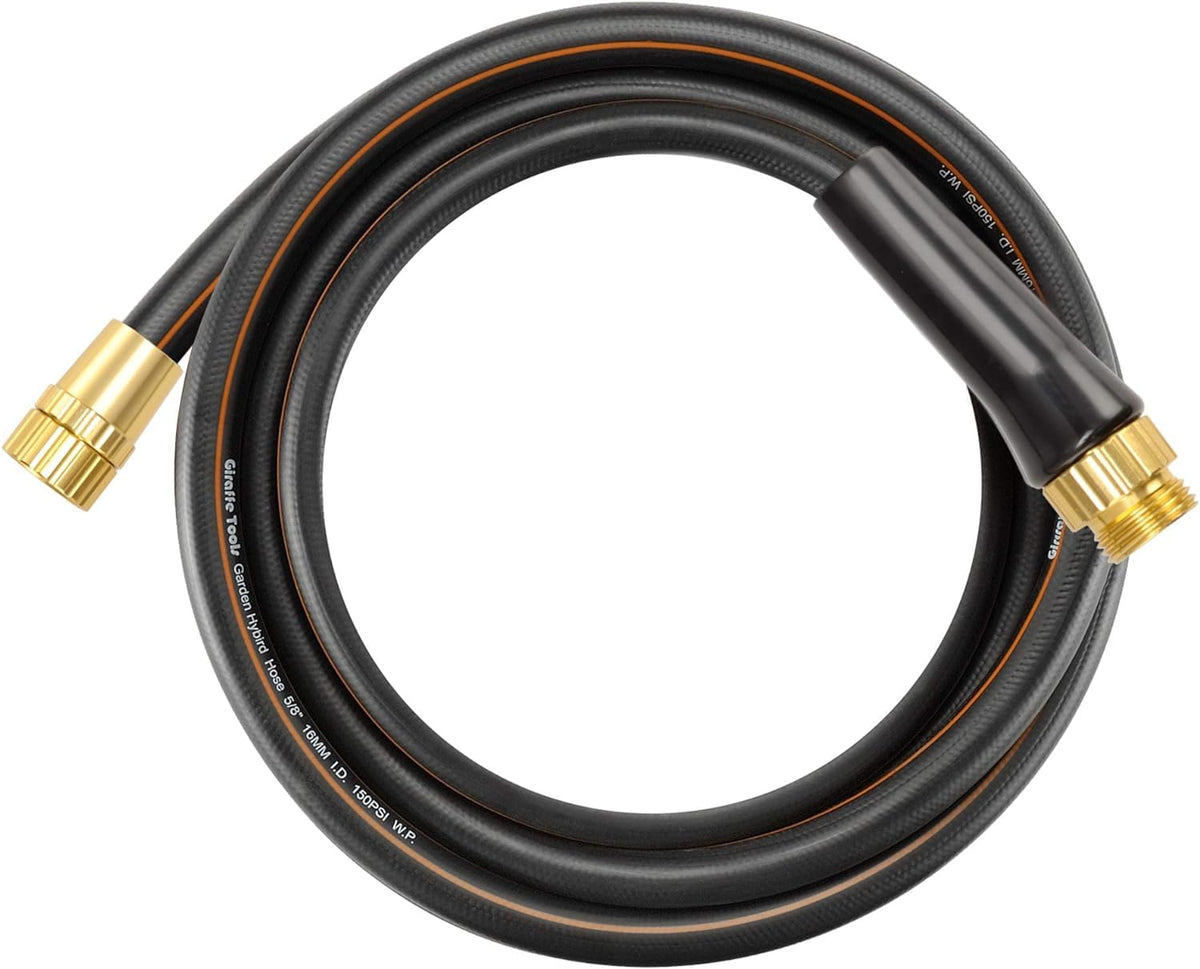 Giraffe Tools front view of 10ft hose showing compact design and clear labeling for outdoor use